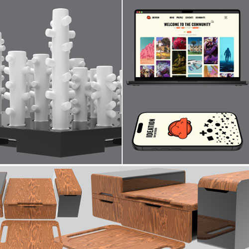 Collage showing white 3D-printed lattice parts, a laptop displaying a photo gallery, a location-themed smartphone case, and modular wooden furniture pieces.