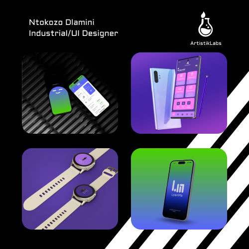Portfolio header on black background showing Ntokozo Dlamini, Industrial/UI Designer; four rounded panels with tech devices (app icons, phone and stylus, smartwatches, gradient smartphone) and the ArtistLabs logo.