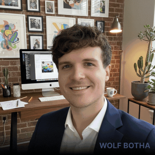 Portrait of a smiling man in a navy blazer at a desk in a brick-walled office with art on the wall and a computer monitor behind him.
