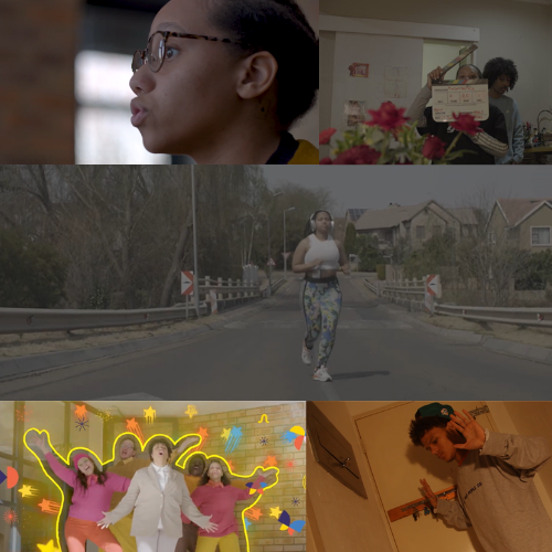 Five-scene collage: person with glasses speaking, someone holding a certificate indoors, a runner on a residential street, a group dancing with colorful graphics, and a person posing for the camera.
