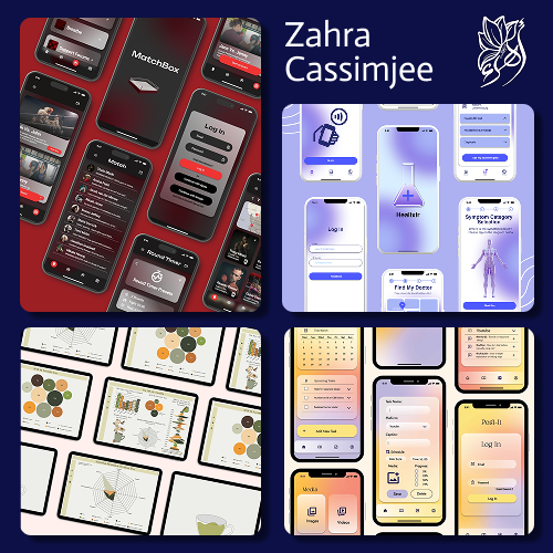 Brand banner for Zahra Cassimjee featuring four smartphone UI mockups in red, blue, beige, and gradient palettes with a logo and name.