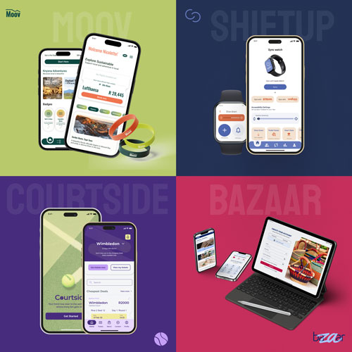 Quad-panel collage advertising Moov services: top-left green panel shows two phones with travel/fitness app screens; top-right blue panel with a smartwatch and phone displaying a shopping app; bottom-left purple panel shows a phone with Wimbledon ticket screen; bottom-right pink panel labeled 'BAZAAR' with a laptop and multiple devices for online shopping.