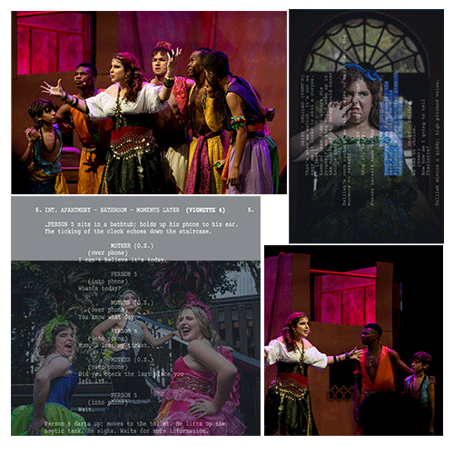 Lively stage scene with a diverse group of performers in colorful period costumes performing together on a set with pink lighting.