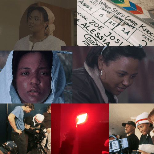 Collage of behind-the-scenes and on-screen moments from a film: actors in period attire, a clapperboard, crew filming, and a red-lit scene.