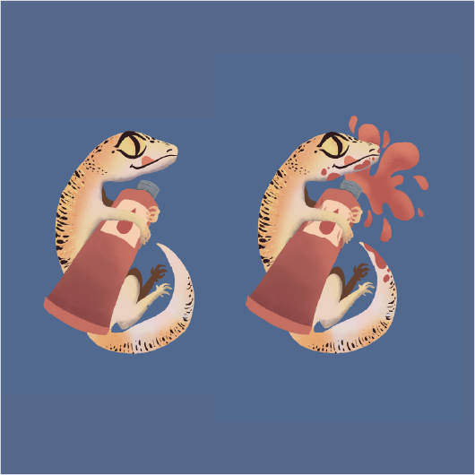 Two cartoon lizard-like creatures hold a large bottle; left panel shows a calm grip, right panel shows red liquid spraying from the bottle.