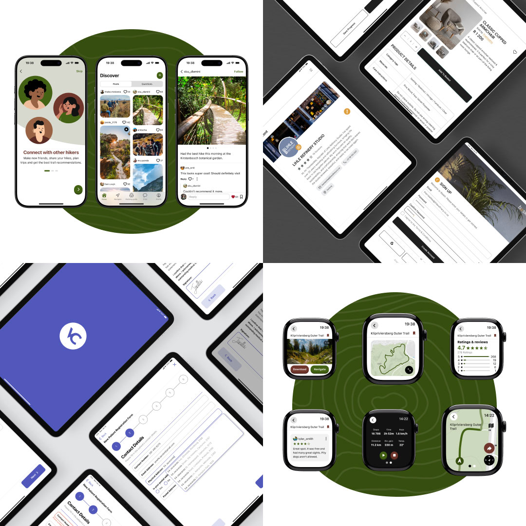 collage of mobile screens showing a hiking community app with profiles and trail recommendations on a green circle backdrop.
