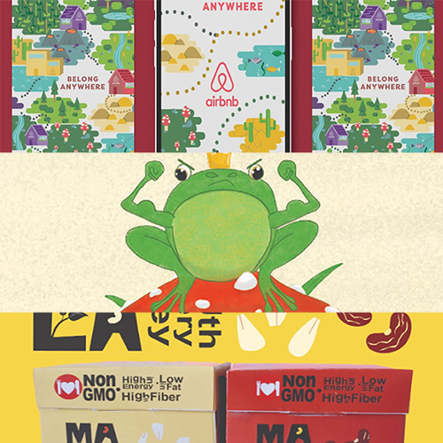 Collage showing Airbnb app screens with 'belong anywhere', a cartoon green frog on a red mushroom, and Non-GMO High-Fiber snack boxes at bottom.