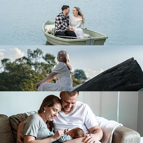 Couple in a small rowboat on calm blue water, smiling at each other with a bouquet nearby.