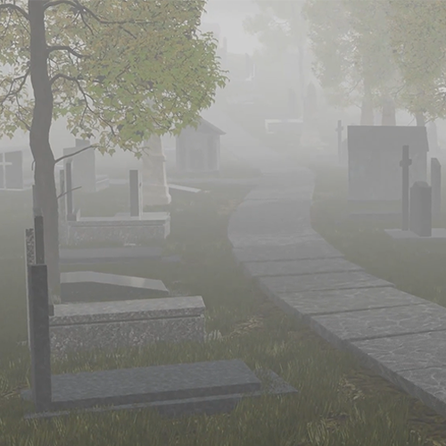 Foggy cemetery with tombstones along a winding stone path; trees fade into the mist.