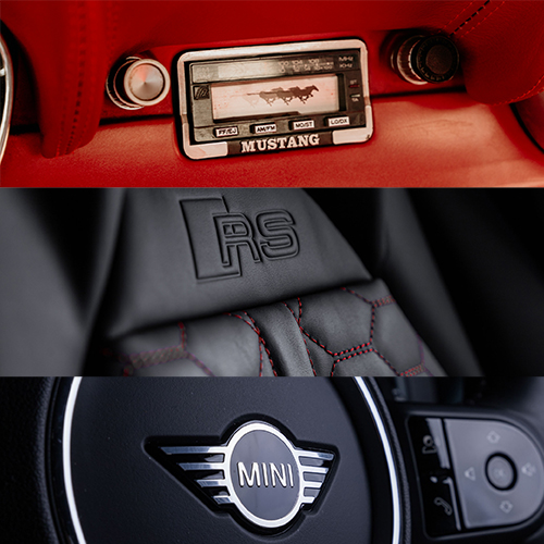 Collage of three car interiors: a red Mustang dashboard with a vintage radio, an RS-embossed quilted seat, and a Mini Cooper steering wheel badge.