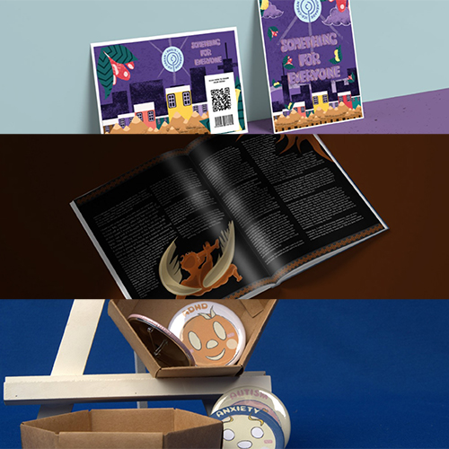 Collage showing top: two purple promotional booklets; middle: open magazine with dark pages and emblem; bottom: cardboard box with round product seals