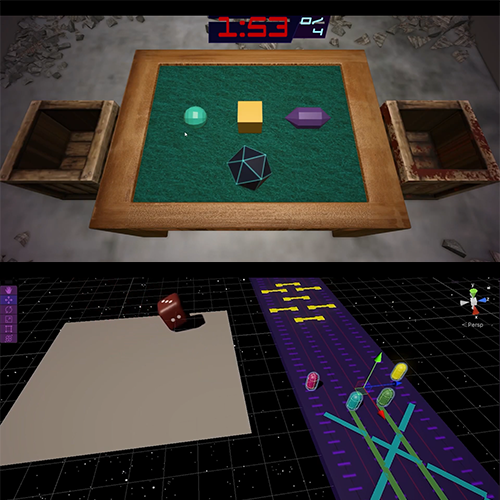 Split-screen game: top shows a tabletop puzzle with colored geometric shapes on a green felt square, timer above; bottom shows a die on parchment beside a purple neon-grid board with pegs and connectors.