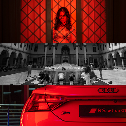 Three-panel collage: a woman bathed in red light in a lattice-framed room; a grayscale courtyard fountain with people around; the rear of a red Audi RS e-tron GT shown close-up.