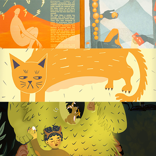 Whimsical collage with an orange cat across the middle, a yellow-green creature below, and illustrated panels in orange and blue.