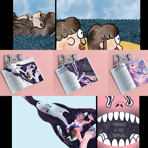 Collage of seaside comic panels, open art magazines on pink backgrounds, a figure riding a whale, and a large mouth with 'Wonders of the Universe'.