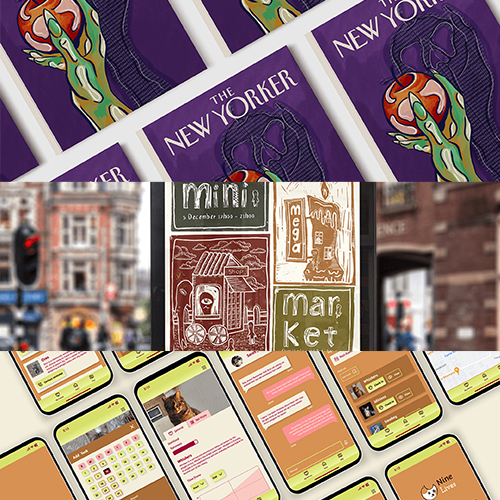 Collage of three scenes: top shows purple The New Yorker magazine covers, middle shows urban storefront signs, bottom shows multiple smartphones with colorful apps