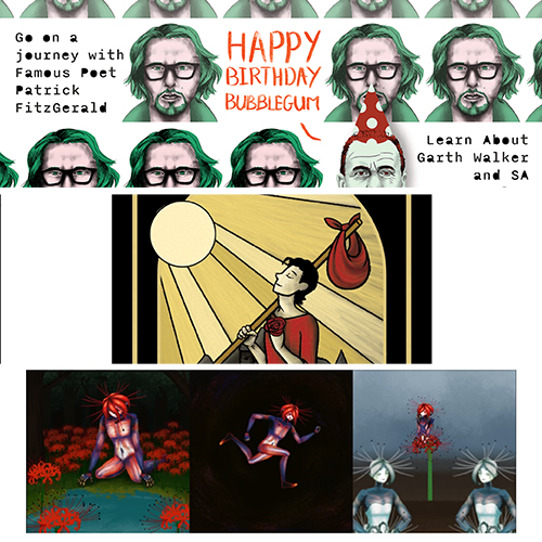 Birthday collage banner: repeating green-haired portraits with 'Happy Birthday Bubblegum' text, plus a central illustration and three bottom art panels.