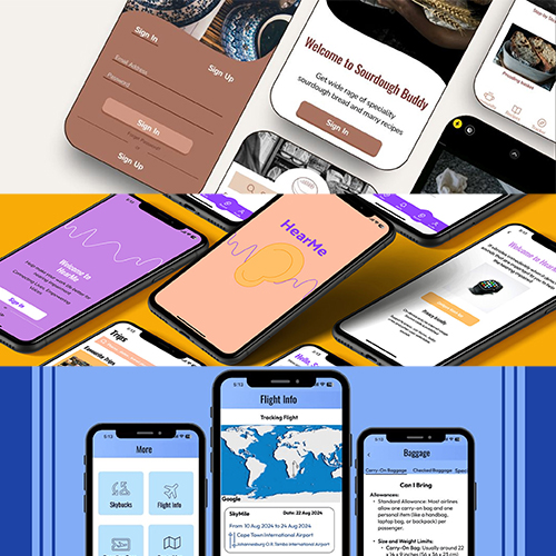 Collage of smartphone screens with various mobile apps: sign-in, welcome, HearMe, and flight info.