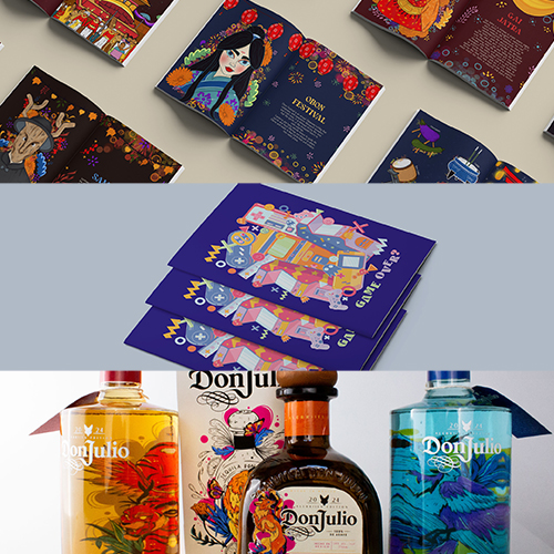 Collage of colorful festival cards above a stack of blue boxes and three Don Julio tequila bottles with illustrated labels.