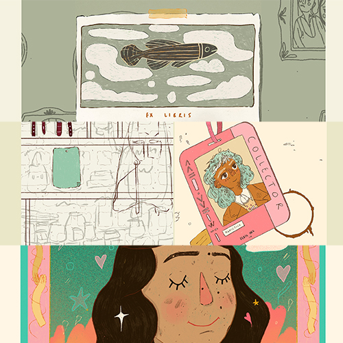 Three-panel collage: fish on a laptop screen, chaotic sketches with a pink 'Collector' badge, and a woman with closed eyes among hearts.