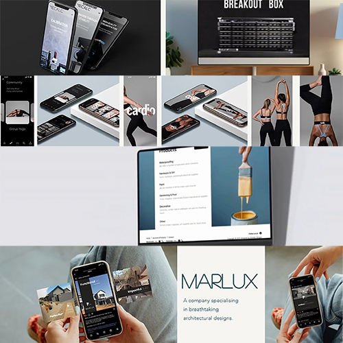 Collage of mobile devices, fitness imagery, and product designs showcasing apps and screens.