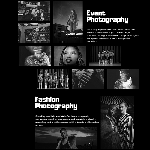 Promotional collage of black-and-white event and fashion photos with headings 'Event Photography' and 'Fashion Photography' on a dark background