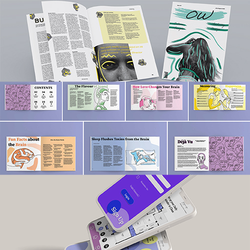 Editorial magazine spread mockup with multiple colorful pages, thumbnails, and a stacked mobile UI at the bottom, illustrating an infographic layout.