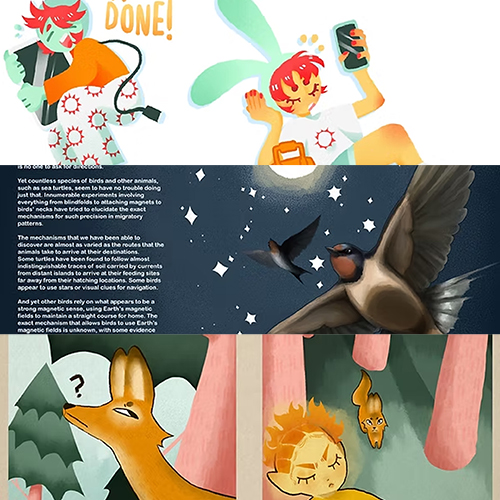Three-panel collage: colorful top illustration of people cheering with devices, a middle infographic about birds and Earth's magnetic field, and a bottom woodland scene with a fox and forest creatures.