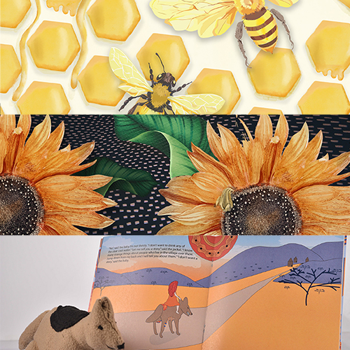 Triptych collage: top honeycomb pattern with bees, middle strip of orange sunflowers, bottom children’s book illustration showing a dog and a camel in a desert scene