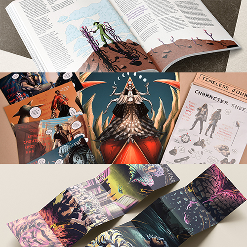 Collage of fantasy graphic novels: open art book, comic pages, character sheet, and colorful illustrations.