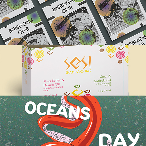 Collage of three promotional panels: top shows Bubblegum Club posters, middle shows a 'SO! Shampoo Bar' box with citrus and shea butter text, bottom shows a teal background with a red stylized tentacle and the word 'OCEANS'.
