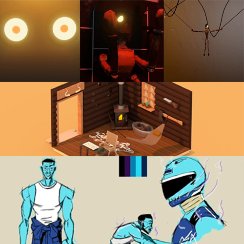 Collage of six scenes: glowing eyes at top left, red-lit figure on a gym-like apparatus, a person suspended by wires at top right, a cozy log-cabin workspace in the middle, and blue comic-style characters including a muscular man and a blue armored figure at the bottom.