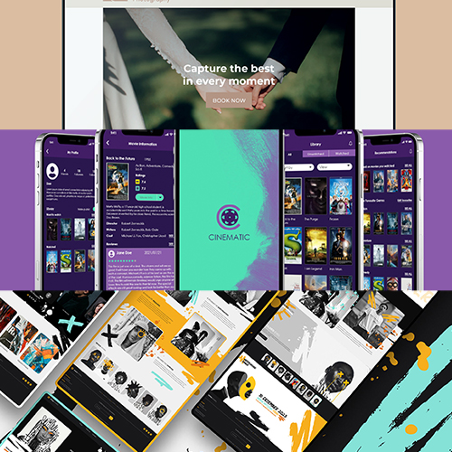 Collage of Cinematic app UI screenshots in purple tones around a teal logo card, with a top promotional banner image.