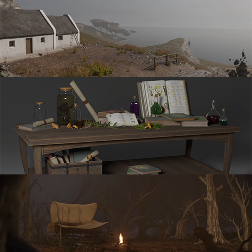 Three-panel scene: (top) white cottages on a rocky coastal cliff; (middle) a cluttered wooden worktable with bottles, jars, herbs, and an open book; (bottom) a small campfire among bare trees at dusk.