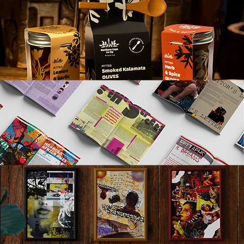 Collage showing top row with jars of olives and boxes, middle row of colorful magazines spread on a white table, bottom row framed posters on a wooden wall.