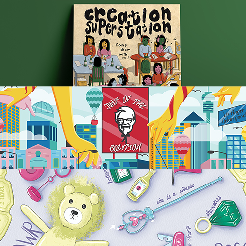 A three-panel collage: top shows kids drawing at a craft station, middle is a colorful city scene with a red poster featuring a portrait in the center, and bottom displays art supplies and a teddy bear scattered on a pale surface.