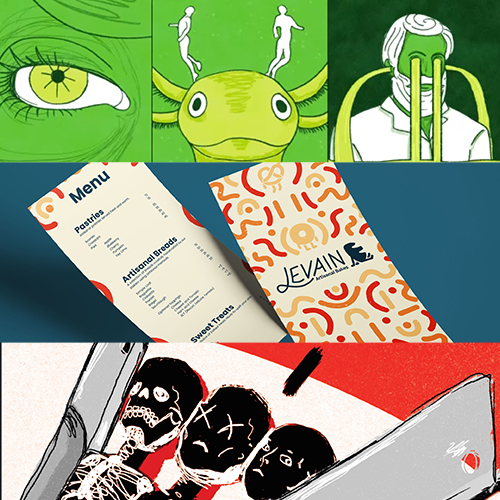 Collage of vibrant artworks: eye, creature, statue, menu cards, abstract pattern, and skull illustration.