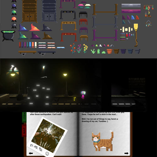 Composite image: top row shows pixel-art furniture sprites; bottom shows a dark street scene with streetlights and an open notebook displaying a cat drawing.