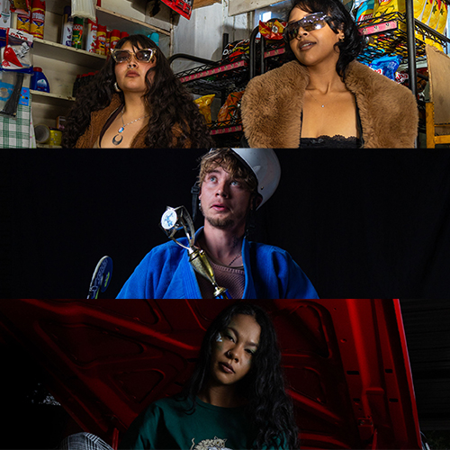 Triptych: top shows two women wearing sunglasses in a store; middle features a man in blue workwear with a white helmet on a film set; bottom shows a woman with dark hair in a green shirt beside a red vehicle interior.