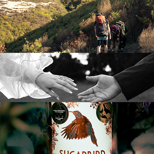 Three-panel collage: hikers on a mountain trail, a grayscale image of two hands reaching to shake, and a Sugarbird bottle label in a close-up.