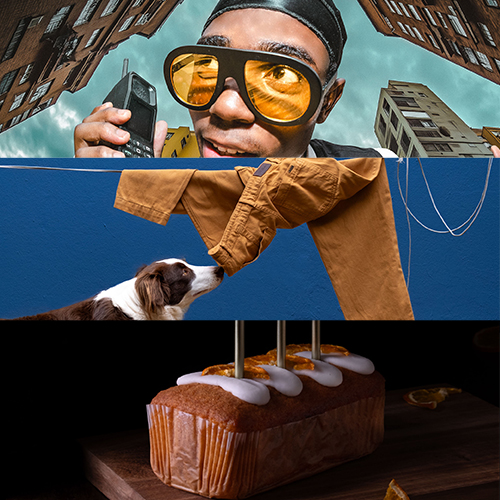 Collage of three scenes: a person with yellow-tinted goggles holding a phone in the city, a dog sniffing a shirt on a clothesline against a blue wall, and a frosted loaf cake with candles.
