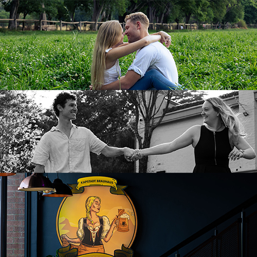 Collage of three scenes: a couple kissing in a sunny grassy field; a man and woman shake hands and smile in black and white; a colorful mural of a beer house sign.