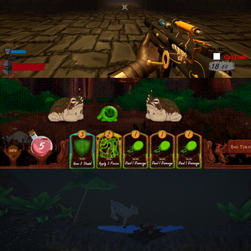 Triple-panel game screenshot: top shows a first-person shooter with a gun and HUD, middle displays a card-battle with green creature cards, bottom shows a dark jungle scene with a glowing creature.