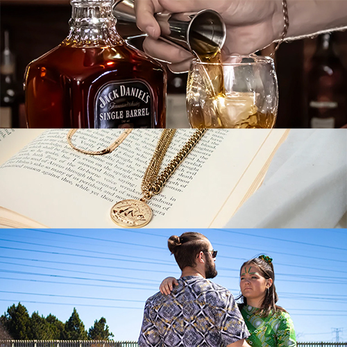 Triptych: top shows hands pouring whiskey from a bottle into a glass; middle features an open book with a gold pendant resting on its pages; bottom shows a couple chatting outdoors under a blue sky.