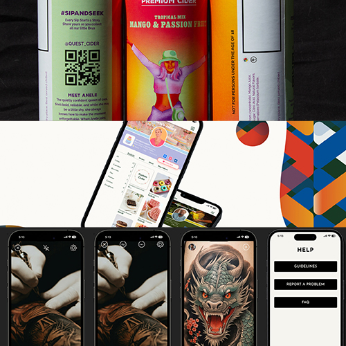 Collage of colorful beverage cartons at top and smartphone screens below showing a shopping app and a help menu.