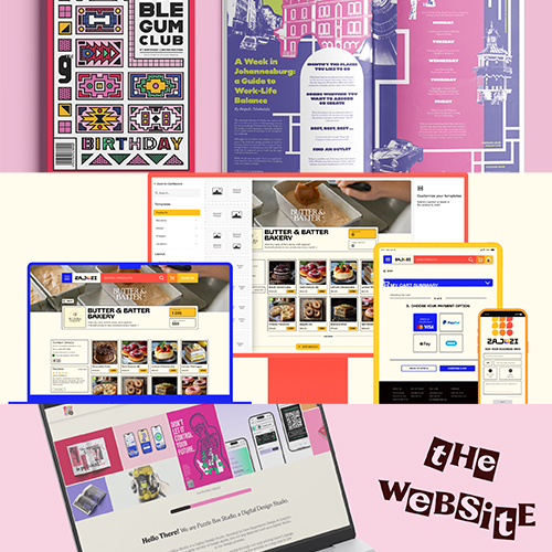 Collage of responsive website layouts shown on laptop, tablet, and phone screens with colorful posters and branding in the background, illustrating web design across devices and media.