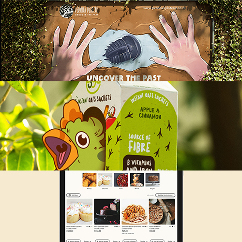 Collage: hands tearing a poster reading 'Uncover the Past', a cartoon parrot beside an oat package labeled 'Apple & Cinnamon', and a bakery website screenshot showing pastries.