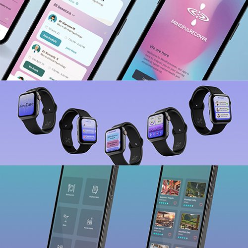 Collage of smartphones displaying app interfaces with a row of smartwatches on a purple gradient background.