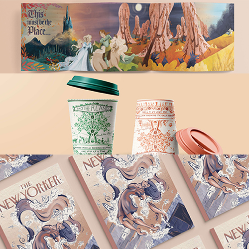 Banner reading 'This must be the Place' above a fantasy landscape; two decorative travel mugs with green and orange patterns sit below, one with lid off, on a New Yorker cover collage backdrop.