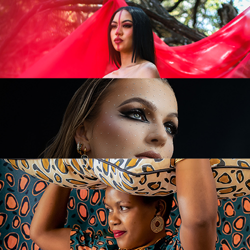 Triptych collage showing three fashion portraits: a woman with red flowing fabric, a close-up of bold makeup, and a woman with a leopard-print scarf.